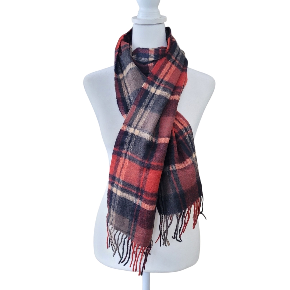 100% Cashmere Plaid Scarf Brown Orange Cream W Fringe